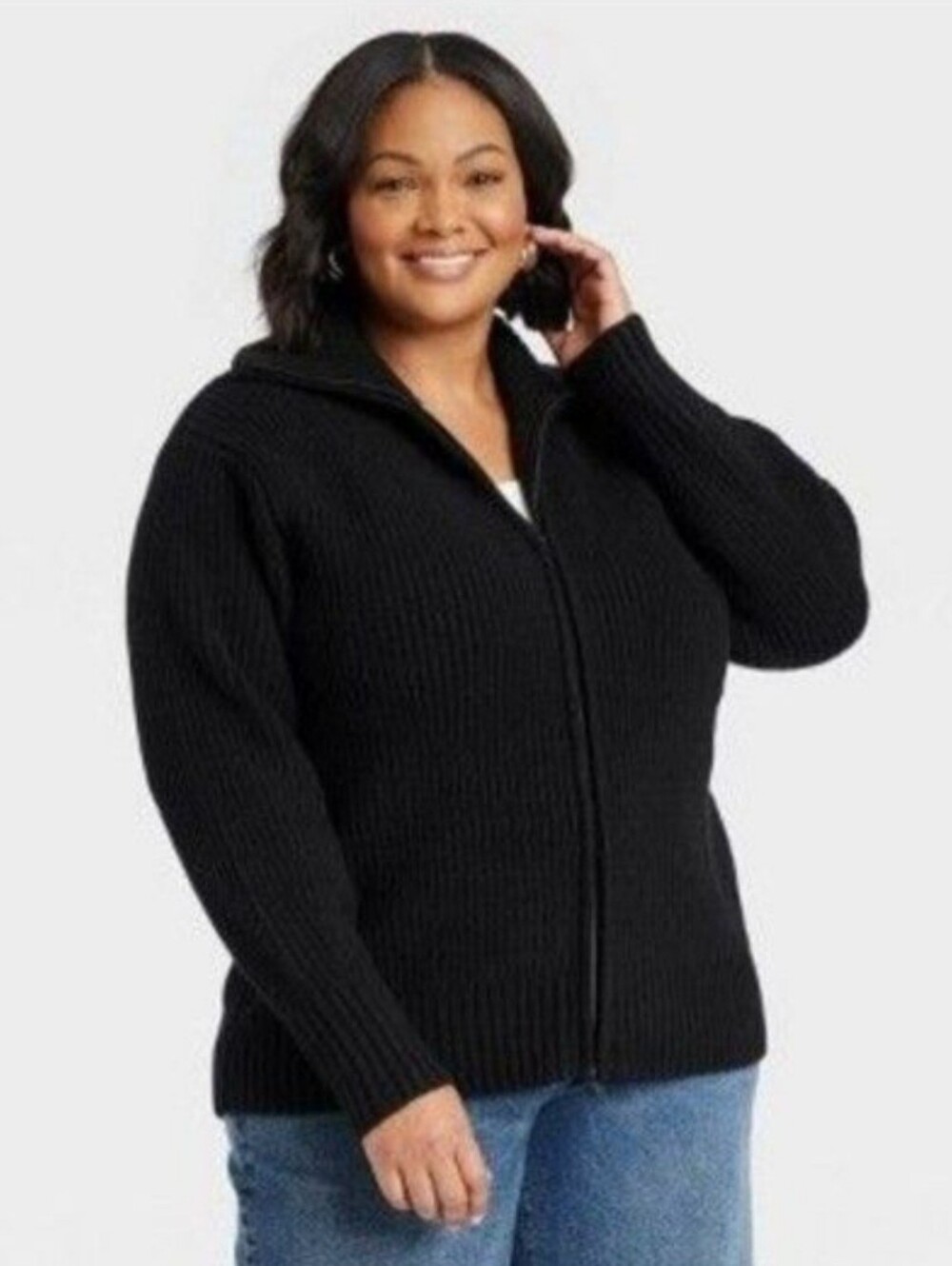 Ava & Viv Black Zip-Front Ribbed Sweater - Women's